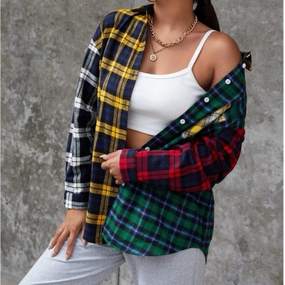Boyfriend Cotton Color Block Plaid Button Down Shirt
